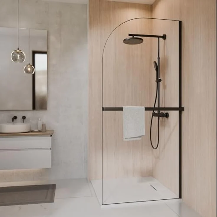 SCHÖNER WOHNEN-Kollektion Duschwand YUNA, Walk In mit Bogen 90 x 200 cm, Sicherheitsglas Klar Hell, mit Handtuchhalter und Spritzschutz – Bild 1