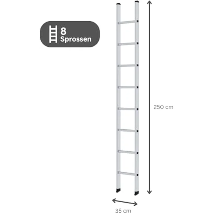 PROREGAL Sprossen-Anlegeleiter 350mm breit ohne Traverse | 8 Sprossen | Leiter, Teleskopleiter, Trittleiter, Bockleiter, Sprossen-Doppelleiter – Bild 2