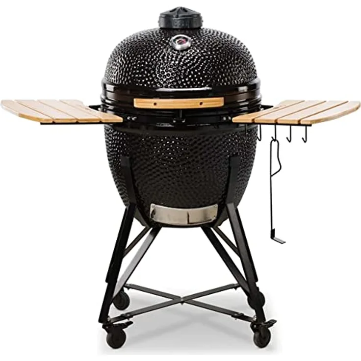 Kamado BONO Kamado Bono Grande Schwarzer - Keramikgrill für Draußen - Kohlegrill mit Großer Wirkung - Perfekt für BBQ und Grillen, Ø 59cm - 10 zusätzliche Grillzubehör gratis Weihnachtsgeschenke