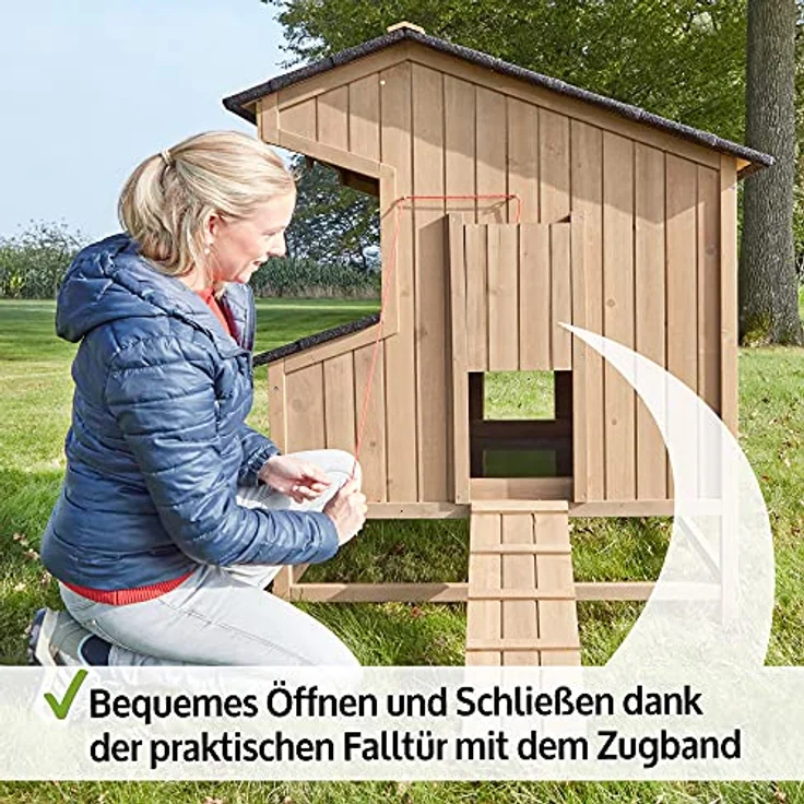 Zooprinz Hühnerstall Berghof, geräumig mit breitem Nistkasten und Klappdach, 110x130x110 cm, Massivholz, mit Falltür und herausziehbarer Kotschublade – Bild 6