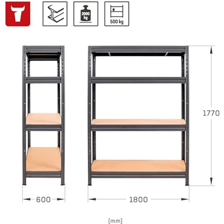 STIER Schwerlast-Fachbodenregal, maximale Fachlast 500kg, HxBxT 1770x1800x600 mm, Lagerregal, Werkstattregal, Werkzeugregal, Kellerregal, Steckregal, stabiles Stahlgestell, einfach zu montieren – Bild 2
