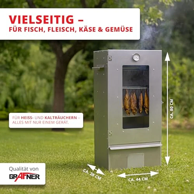 Grafner XL Räucherofen, 3 Etagen Smoker mit Sichtfenster und Thermometer, 12 S-Haken, legierter Stahl für Heiß- und Kalträuchern von Fisch, Fleisch, Käse und Gemüse – Bild 5