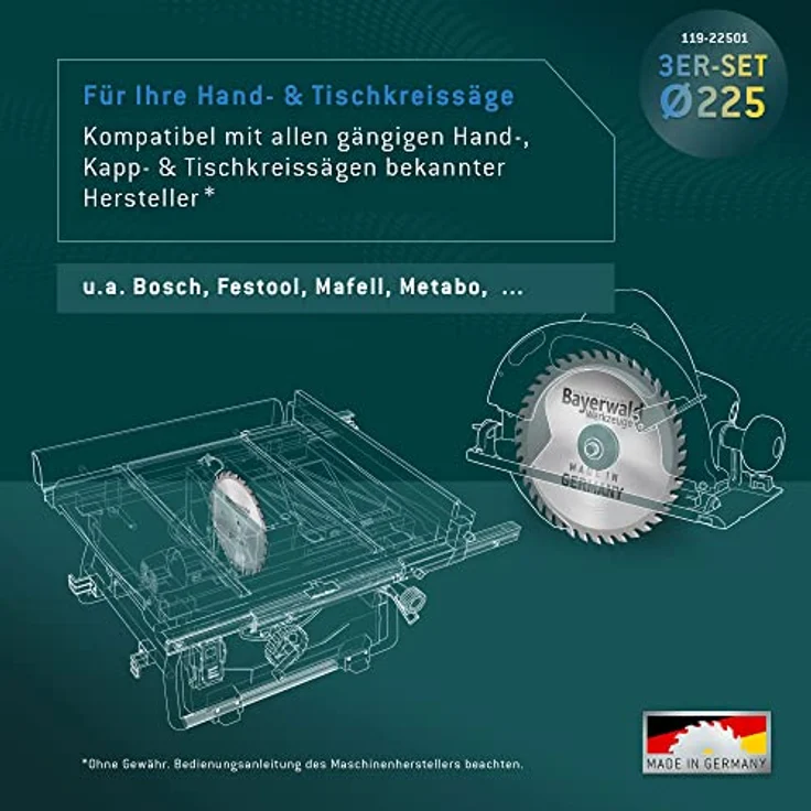 Bayerwald - Kreissägeblatt Set Ø 225 (3 tlg.) - für Holz & NE-Metall - geeignet für Mafell Erika 70 EC, Festool CS70 - HM (Hartmetall) - 225 x 2.5/1.8 x 30 Z32, Z48, Z68 TF - für Holz und Metallbearbeitung – Bild 5