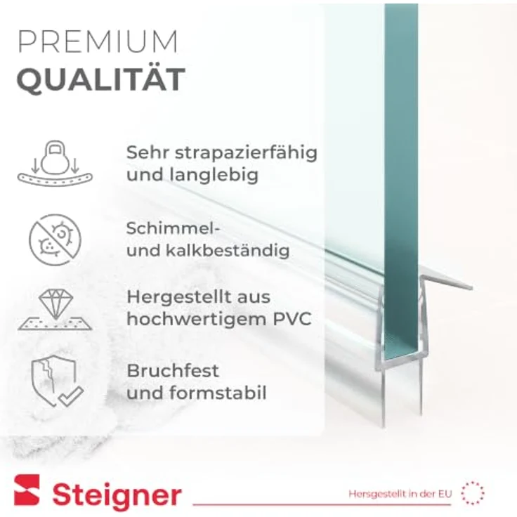 STEIGNER Duschtürdichtung UK20 170 cm - Transparente Dichtung für Eckeinstieg und Fünfeckdusche, 100% wasserdicht, für Glasdicke 8-9 mm, einfache Montage, schimmel- und kalkresistent – Bild 3