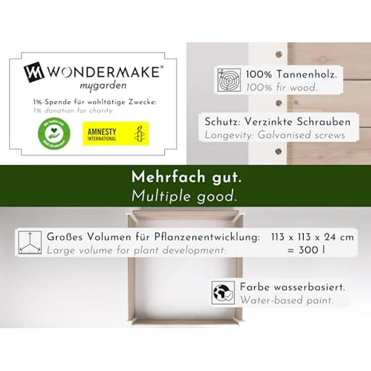 WONDERMAKE® Große Hochbeet-Umrandung aus Holz für Garten Terrasse, Pflanzbeet Bausatz XL quadratisch, Blumenbeet Kräuterbeet Beetumrandung niedrig deko, 120 x 120 x 26,5 cm, weiß grau anthrazit – Bild 3