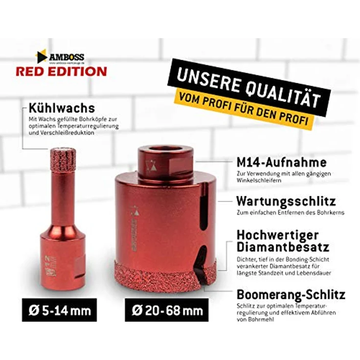 Amboss RED EDITION M14 Diamant Bohrkrone - für Winkelschleifer - Feinsteinzeug, harte Fliesen, Granit/Die ideale Trockenbohrkrone (Ø 50 mm) – Bild 5