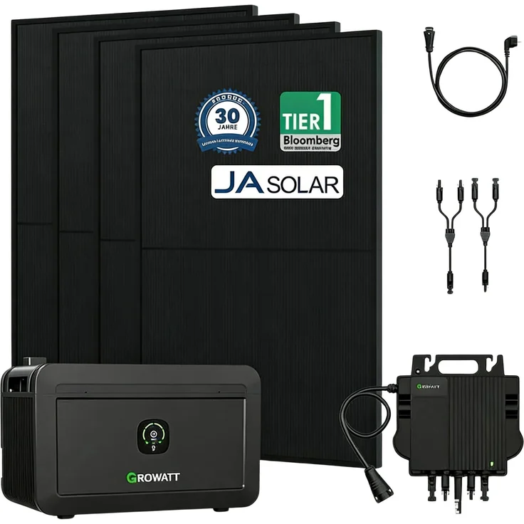 Powerness Balkonkraftwerk Set mit Growatt NOAH 2000, 800W Mikrowechselrichter und 4x 450W JA Solar Full Black Bifazialmodulen (0% MwSt)