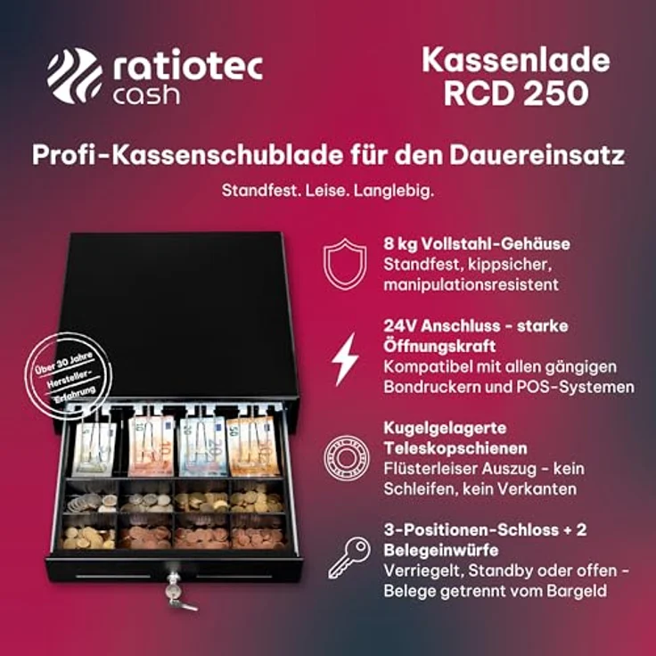 ratiotec RCD 250 Kassenschublade - Kassenlade mit 8 Münzfächern, 4 Banknotenfächern, 24V RJ-11 Anschluss, rollengelagerte Teleskopschienen, 3-Positionen-Schloss, Stahlgehäuse, 8 kg – Bild 2