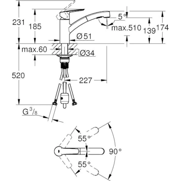 Grohe Küchenarmatur Start Einhebelmischer, QuickFix mit herausziehbarer Dual Spülbrause, chrom – Bild 3