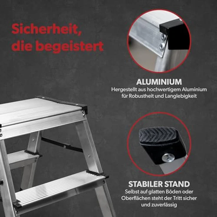 siwitec Alumium-Klapptritt 2 Stufen | Kleine Trittleiter | rutschfeste Standfüße | 150 kg Traglast | Geriffelte Stufen | Platzsparend | Klappleiter – Bild 4