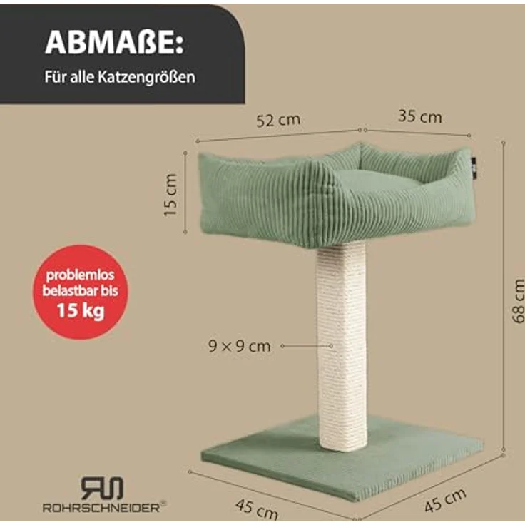 Rohrschneider Kratzbaum Katzenbaum Wolly breiter Kratzstamm mit Katzenbett Cordstoff, Made in Germany, versch. Farben – Bild 3