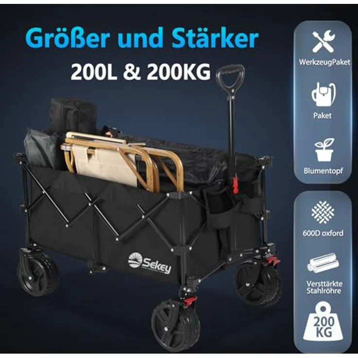 Sekey XXL Plus Bollerwagen Faltbar, 200L Volumen, 200KG Tragfähigkeit, All Terrain mit Bremsen, Patentierter Faltmechanismus, Schwarz – Bild 2