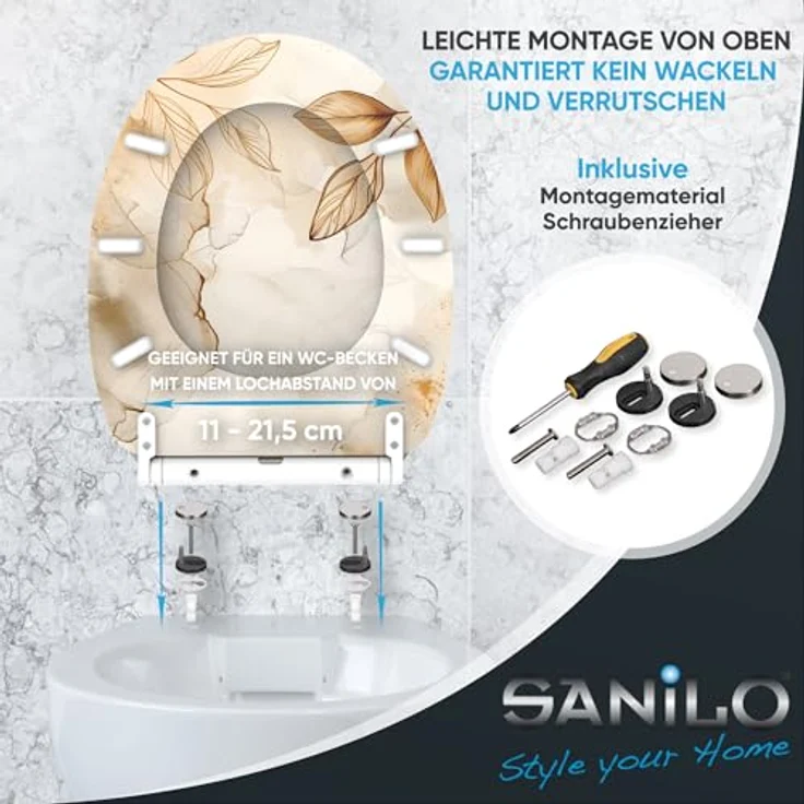 Sanilo WC Sitz Faylora, Toilettensitz mit Absenkautomatik und antibakterieller Beschichtung, bruchfestes Holz, 46-48 cm, 4-seitig bedruckt – Bild 6