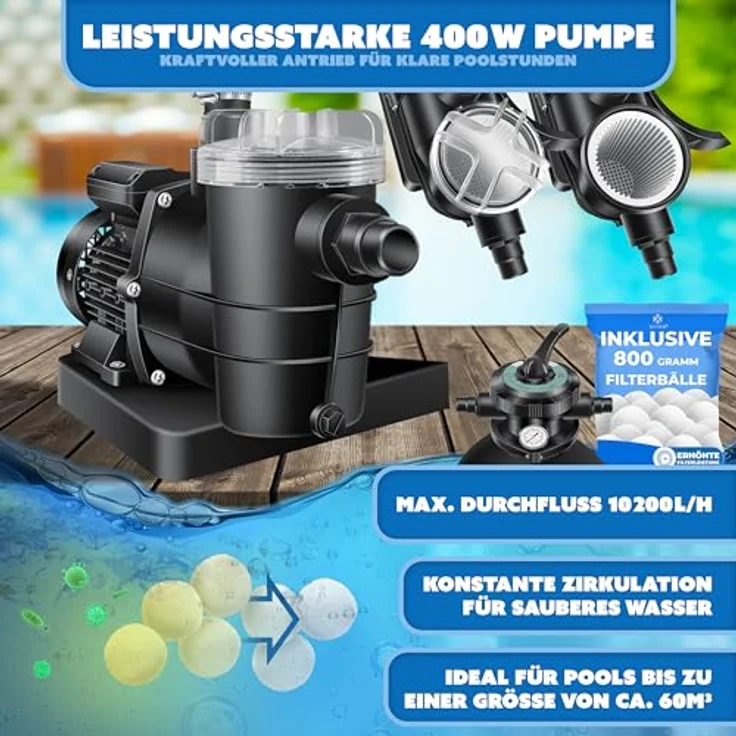 KESSER Sandfilteranlage Sandfilter + 700g Filterbälle ersetzen 25kg Filtersand 7-Wege Ventil mit Druckanzeige Poolfilter 10 m³-h Filteranlage Filterkessel für Pool Schwimmbecken 10.200 L-h Schwarz – Bild 4