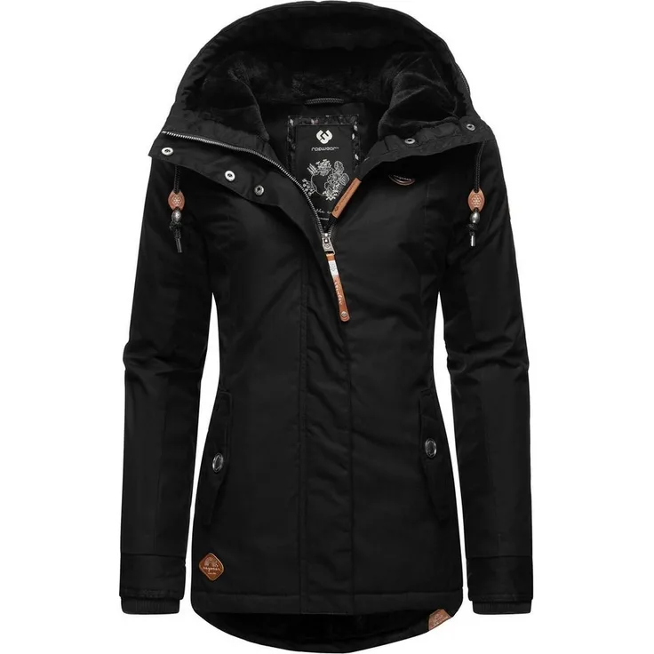 Ragwear Winterjacke Monade Damen Winterparka mit Kapuze und Fleece gefüttert, griffiges wasserabweisendes Material, taillierter Schnitt, vegan - Schwarz