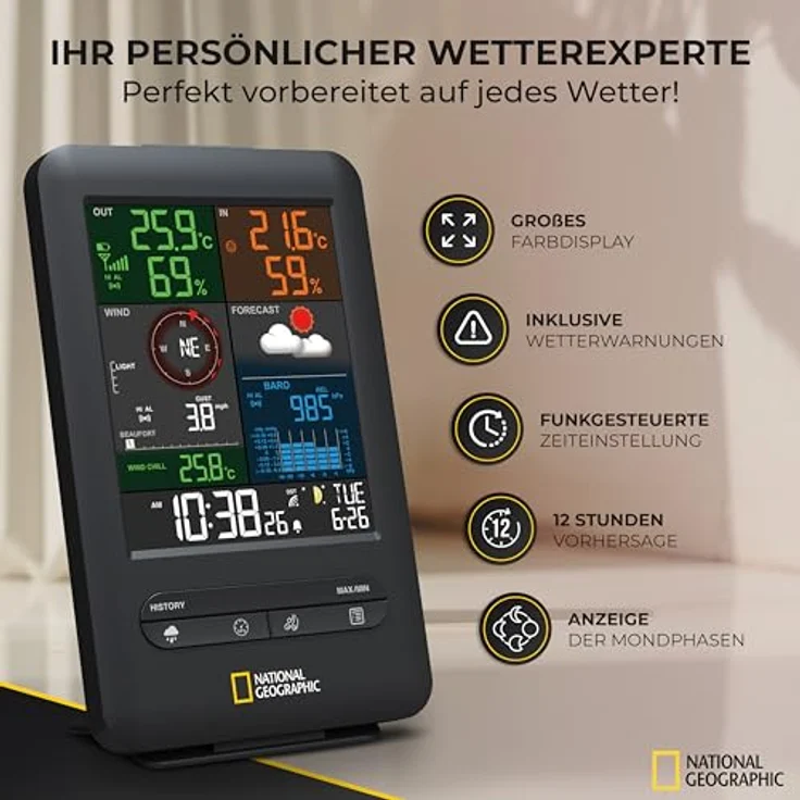 National Geographic Color-Display Center 5in1 9080500, kabellose Wetterstation mit 12-24 Stunden Wettervorhersage – Bild 2