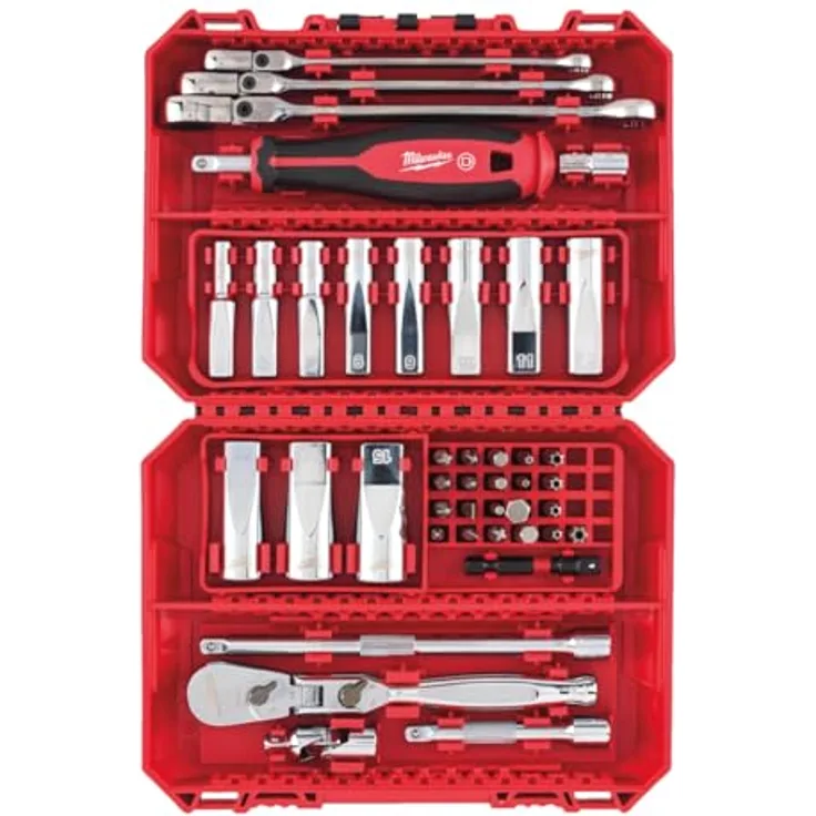 Milwaukee 4932498382, 42-teiliges Premium Ratschen-, Schraubenschlüssel und tiefer Stecknuss-Set mit 90 und 144 Zähnen, stoßfesten Schraubendreher-Bits, 6,35 mm Antrieb