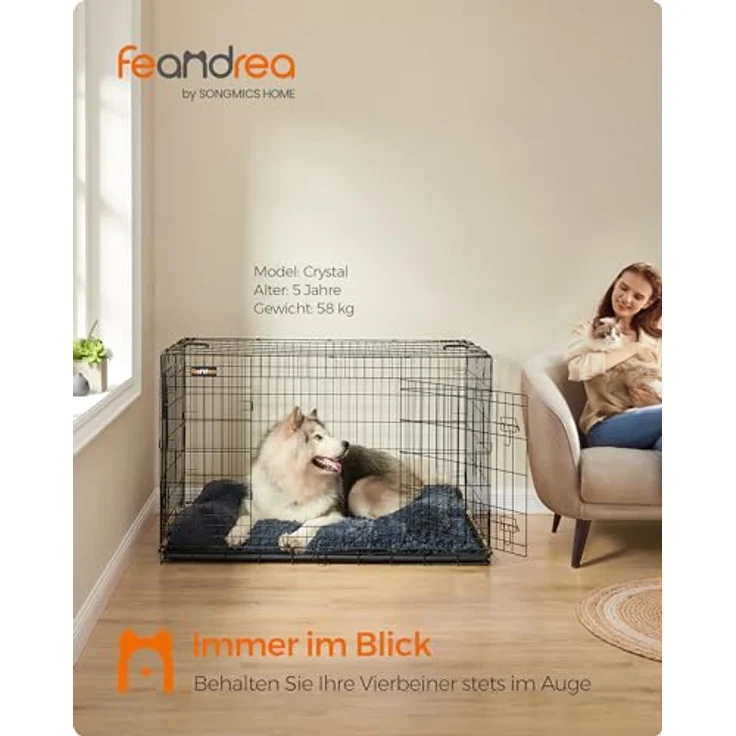Feandrea Hundekäfig, klappbar, mit 2 Türen, ausziehbare Kunststoffschale, XXXL, schwarz - Sicher und komfortabel für große Hunde – Bild 2