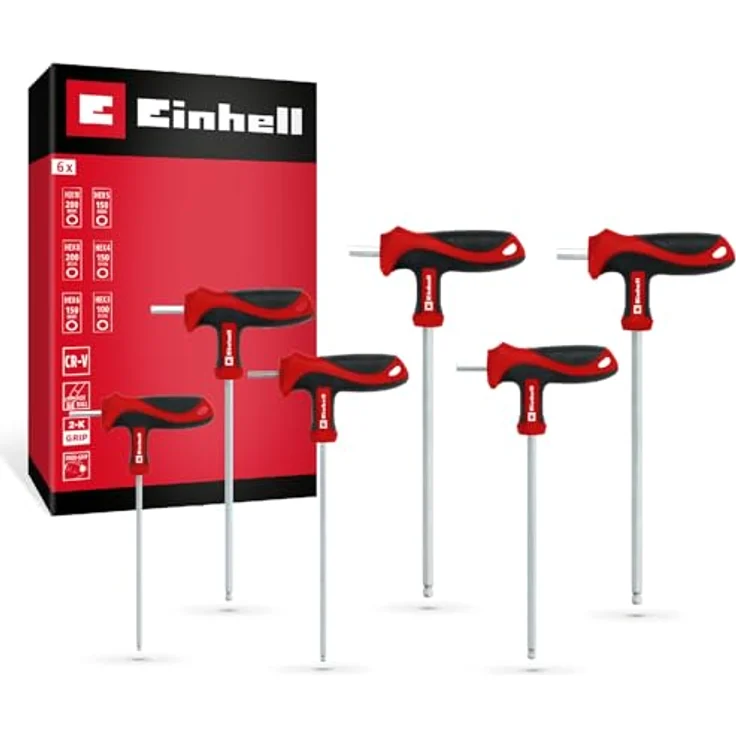 Einhell T-Griff-Schraubendreher-Set 6-tlg., CrV-Stahl, Kugelkopf, 90°-Klinge, Innensechskantschrauben für Maschinen- & Fahrzeugmontage – Bild 1