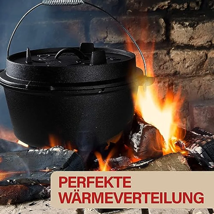 LAVUR BBQ Feuertopf 7,5 L Dutch Oven, Eingebrannter Gusseisentopf für Kochen, Braten & Grillen, Ideal für Camping, Inkl. Deckelheber, Tragetasche & 2in1 Gusseisendeckel – Bild 4