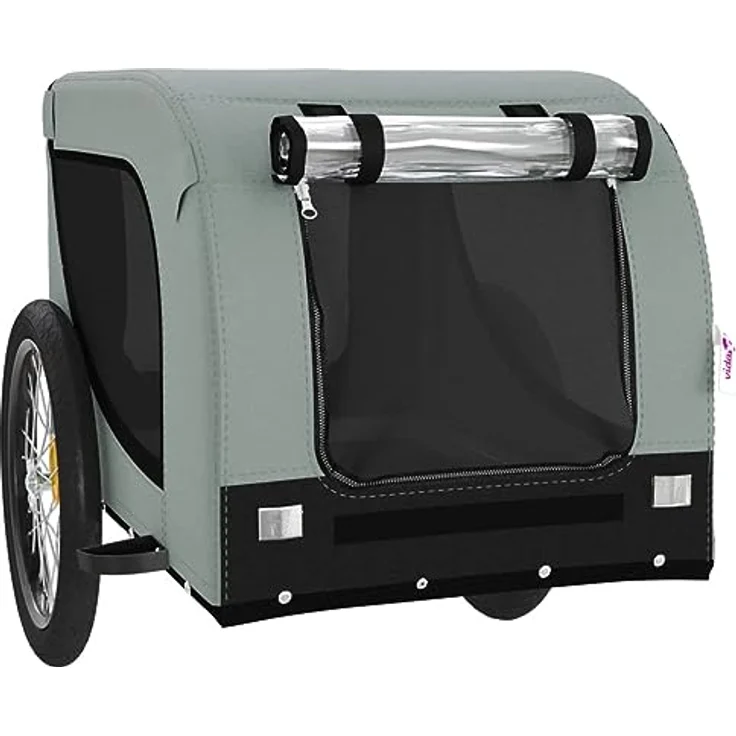 vidaXL Hunde-Transportbox Fahrradanhänger Grau und Schwarz Oxford-Gewebe und Eisen, PVC-Fenster, Reflektoren, bis 45 kg Tragfähigkeit – Bild 4