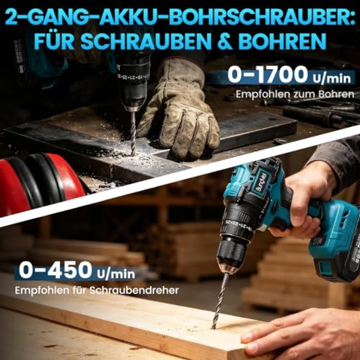 Bundviel Akku-Schlagbohrschrauber Set, 21V bürstenloser Motor mit 65 Nm, 2x 2000mAh Akkus, 25+3 Drehmomentstufen, 10-mm Schnellspannbohrfutter, 29-teiliges Zubehör – Bild 4