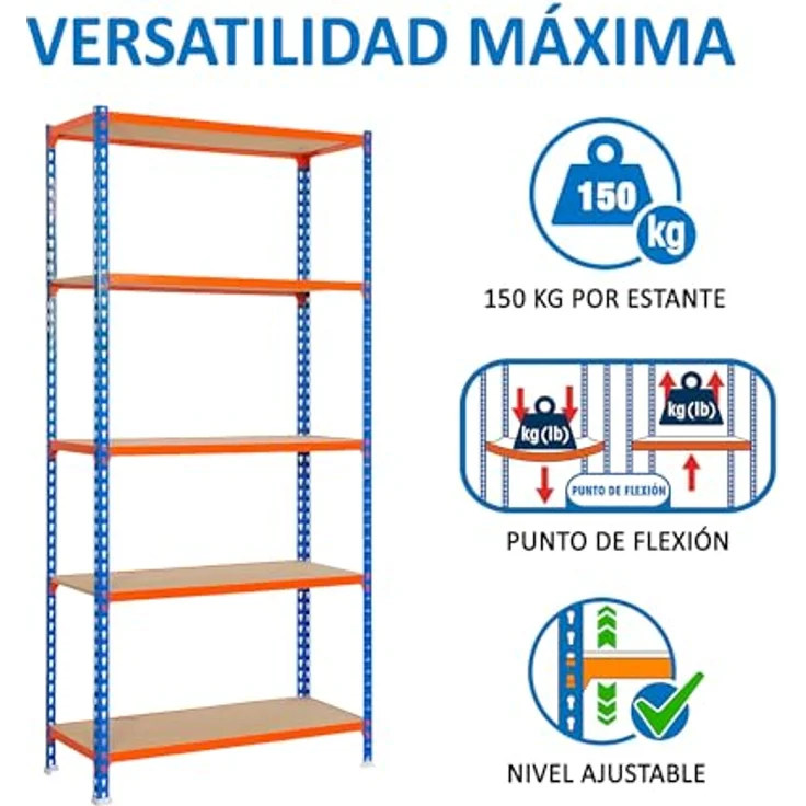 Simonrack Simonclick Metallregal Maderclick Plus, 200 x 100 x 40 cm, 5 Böden, Traglast 150 kg pro Boden, Stecksystem, Blau/Orange – Bild 4