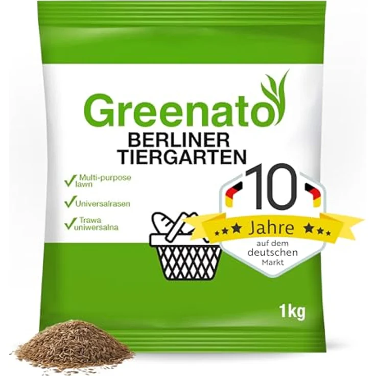 Greenato Rasen Nachsaat 1kg Berliner Tiergarten - schnellkeimend für Frühjahr und Herbst, Rasennachsaat für bis zu 100 m², Schattenrasen, unkrautverdrängend – Bild 1