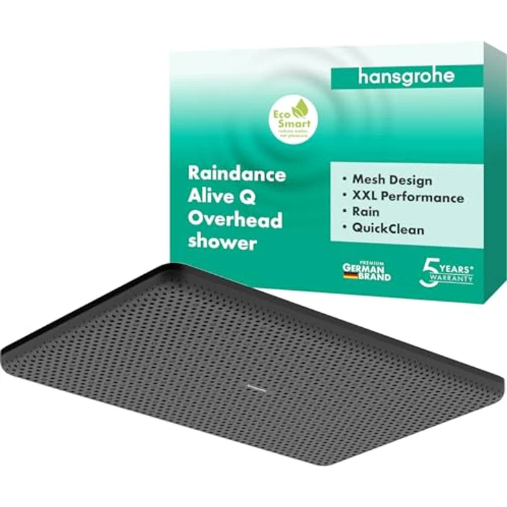 hansgrohe Raindance Alive Q, wassersparende Kopfbrause (EcoSmart) mit 340x210mm Duschkopf, Regendusche mit 1 Strahlart, Antikalk-Funktion, Mattschwarz, 24531670 – Bild 1