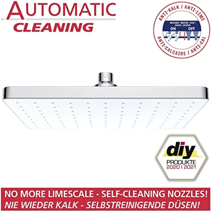 WENKO Duschkopf, Nie wieder Kalk, Automatic Cleaning, Duschbrause, Antikalk mit automatischer Reinigungsfunktion, Regendusche, Eckig, Chrom, (B x L): 25 x 17 cm – Bild 2