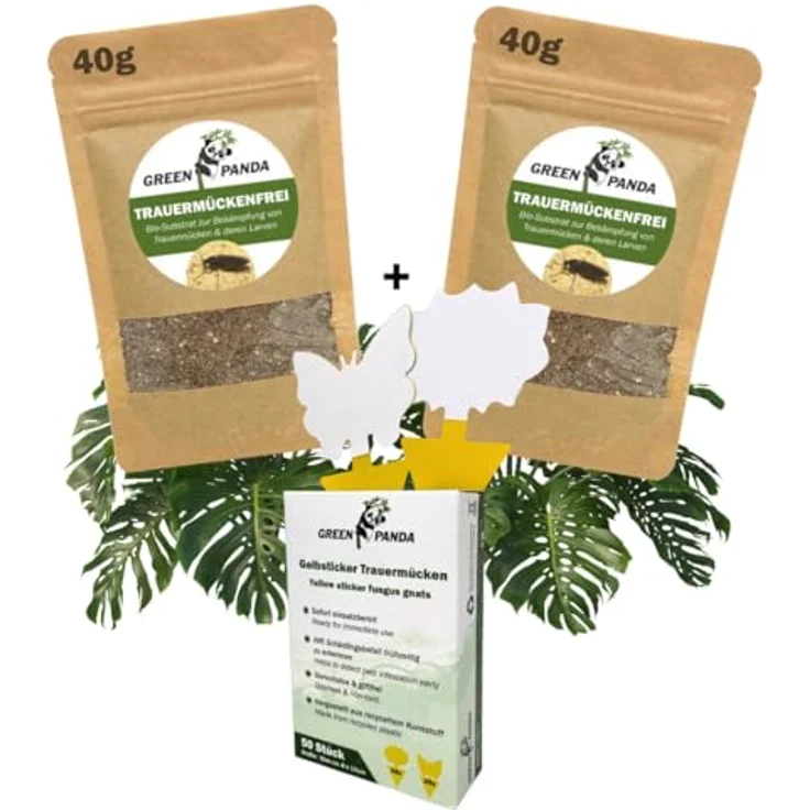 GreenPanda Bio Trauermückenfrei - Effektiv Larven in Erde & Trauermücken bekämpfen - 2in1 Mittel gegen Trauermücken - 2x 40g Anti-Larven Pulversubstrat + 50 Gelbsticker (Set-3tlg.) – Bild 1