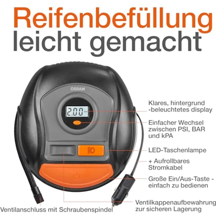 Osram OTI400, Digitaler Reifenfüller mit Hintergrundbeleuchtung und 5.5 bar Druck, inkl. Adapterkit – Bild 4