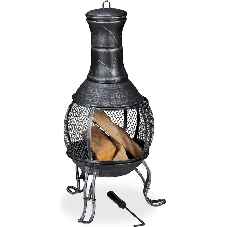 relaxdays Feuerschale Aztekenofen für Garten grau, Terrassenkamin mit Funkenschutz und Schürhaken – Bild 1