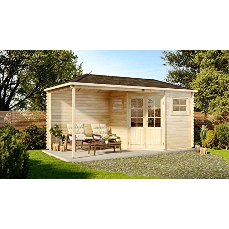 Alpholz 5-Eck Gartenhaus mit Anbau Franz aus Massiv-Holz | Gerätehaus mit 28 mm Wandstärke | Garten Holzhaus mit Imprägnierung (pinie) | Geräteschuppen Größe: 500 x 250 cm – Bild 1