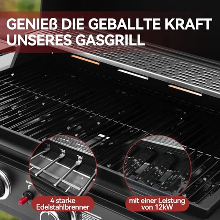 Royal Gourmet 4 Brenner Gas Grillwagen, 12 kW BBQ-Gasgrill mit Seitenablagen und Flascheregal, Schwarz – Bild 4