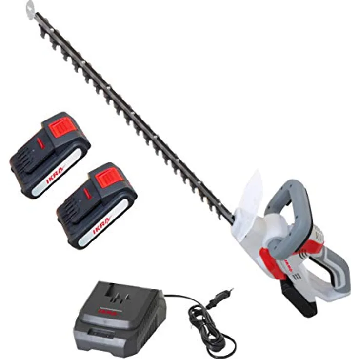 IKRA Akku Heckenschere IAHS 20-1, 20V, 54 cm Schnittlänge, 18 mm Schnittstärke, inkl. 2 Akkus (2,0 & 2,5 Ah) & Schnelllader, kabellos mit Schnellstop und Antivibrationssystem