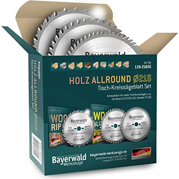 Bayerwald Kreissägeblatt Set Ø 216 (3 tlg.) - für NE-Metall & Holz - geeignet für Tischkreissägen z.B für Bosch GTS 635 und Metabo TS 216 uvm. – Bild 1