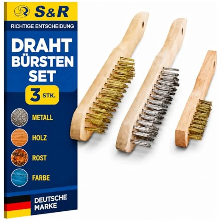 S&R Drahtbürste Handdrahtbürste Set 3-tlg, Drahtbürsten mit Holzgriff, für Metall, Holz, Grill, Industriebürste (Edelstahl 290mm + 2x Messingbürsten 290mm und 180mm) – Bild 2