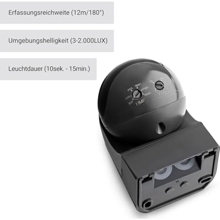 SEBSON® Bewegungsmelder Aussen IP44 Aufputz, Anthrazit, LED geeignet, programmierbar, Infrarot Sensor Reichweite 12m / 180°, Wand Montage schwenkbar, 3-Draht – Bild 4