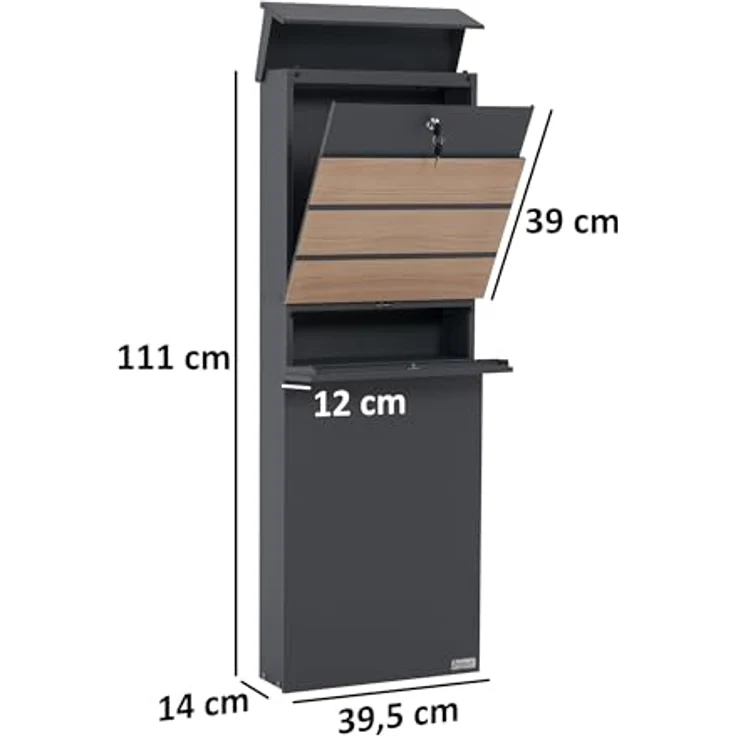 Zelsius Briefkasten mit Zeitungsfach | Postbox in Anthrazit (RAL7016) mit Holzoptik (Buche) | Standbriefkasten mit 2 Schlüsseln – Bild 2