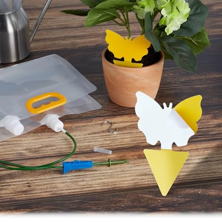 relaxdays Bewässerungssystem 4 Tropfbewässerungsbeutel, transparente Beutel mit einstellbarer Tropfgeschwindigkeit und 4 Gelbstickern gegen Insekten – Bild 3
