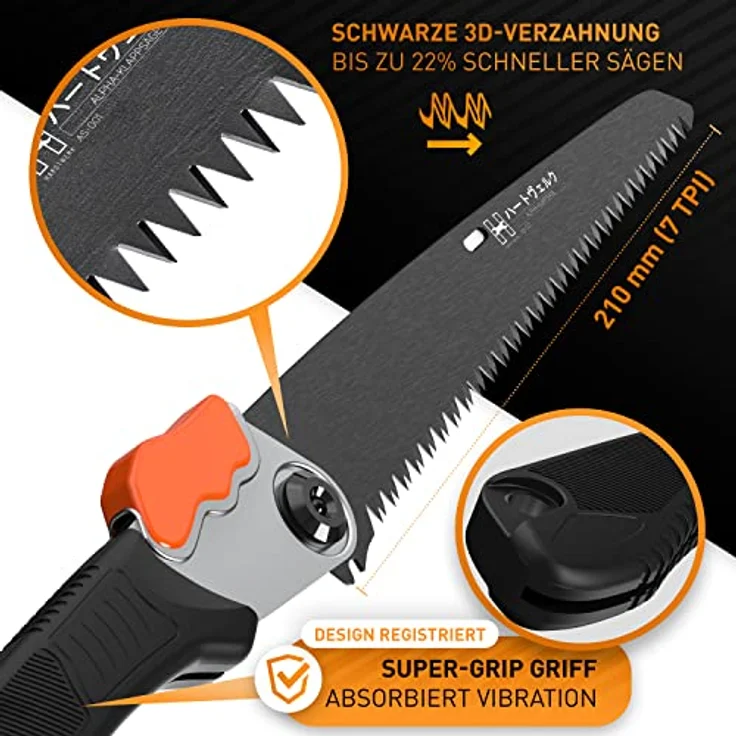 HARDTWERK Klappsäge ALPHA Astsäge 210mm mit Safety Lock, SK5 Karbonstahl, inklusive S-Karabiner für Garten, Outdoor und Bushcraft – Bild 3