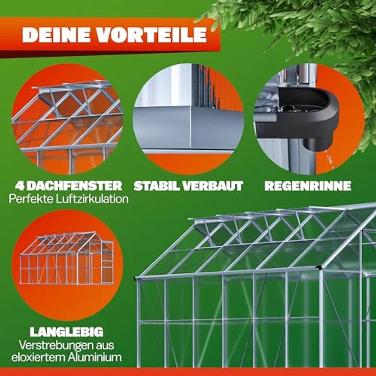 Gardebruk® Gewächshaus Aluminium 7,2m² 380x190cm, inklusive 4 Dachfenster, isolierende Hohlkammerstegplatten, optimaler Luftzirkulation, ideal für Pflanzenanzucht – Bild 2