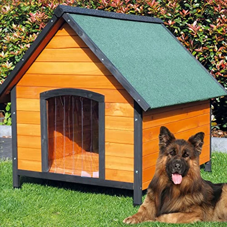 zooprinz Premium Hundehütte Luna - aus wetterfestem Vollholz, Dach zum Öffnen und Lamellentür - ideal für draußen - mit natürlicher Farbe gestrichen - Hundehaus Hundehütte XL, braun-schwarz – Bild 1