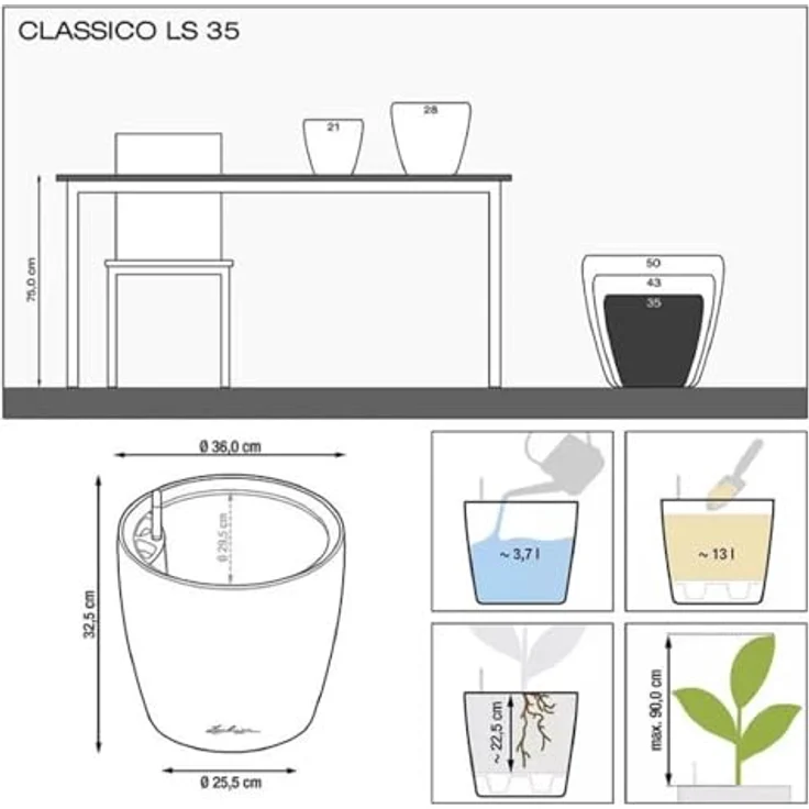 LECHUZA Classico Color LS Pflanzgefäß, sandbraun, mit Bewässerungssystem, Ø 35 × 32 cm, 13 l Pflanzvolumen, 3,7 l Wasserspeicher – Bild 3