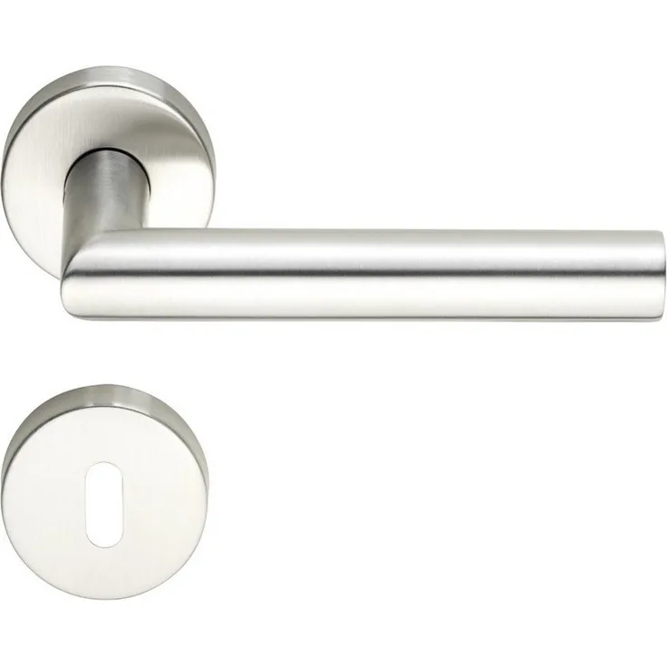 MeinTürgriff Drückergarnitur Toulouse, Edelstahl L-Form, Rosettengarnitur BB, für Innentüren, Türdicke 38-42 mm, Vierkantmaß 8 mm, silberfarben