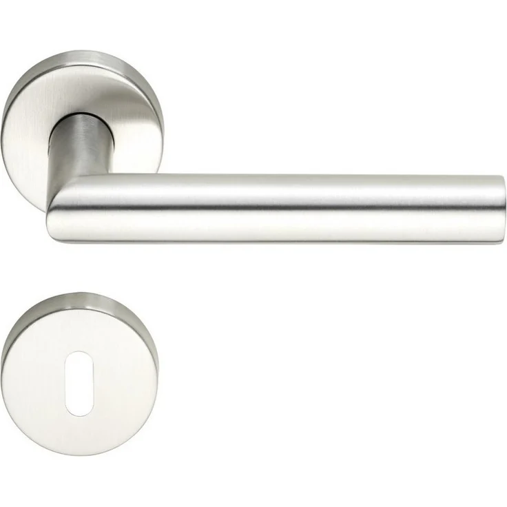 MeinTürgriff Drückergarnitur Toulouse, Edelstahl L-Form, Rosettengarnitur BB, für Innentüren, Türdicke 38-42 mm, Vierkantmaß 8 mm, silberfarben