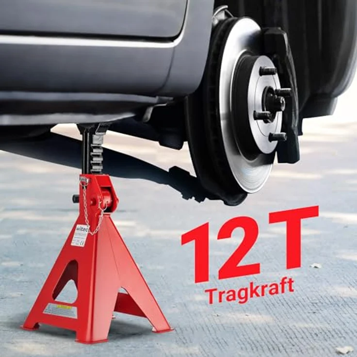 Wiltec, Wagenheber Unterstellbock Set, 2er Set mit maximaler Traglast von 12 Tonnen, höhenverstellbar von 49 cm bis 75 cm, rutschfeste Gummiauflage – Bild 2