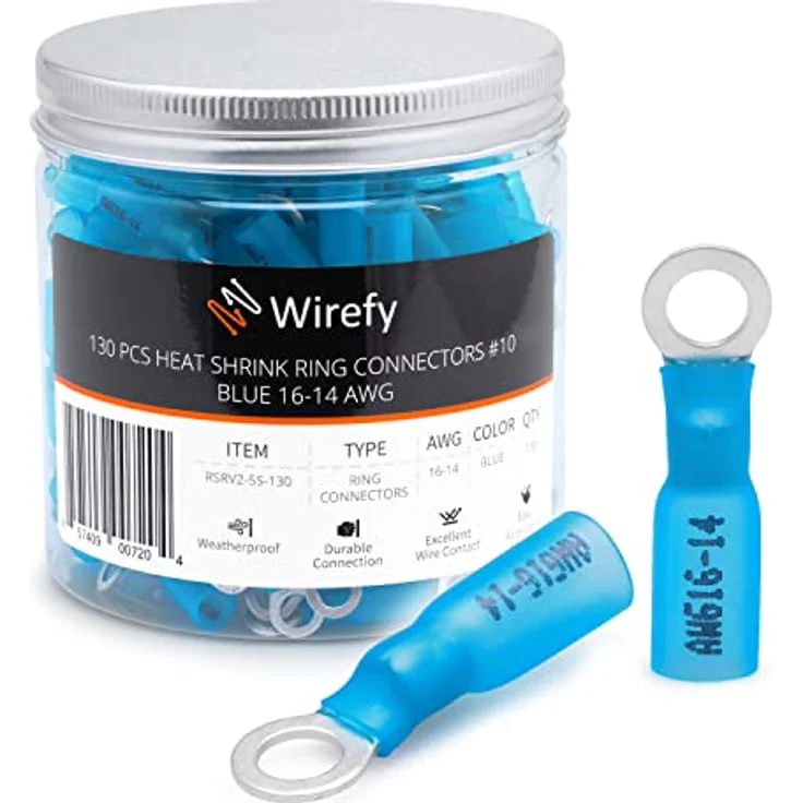 Wirefy Blaue Ringkabelschuhe M5, lötfreie Schrumpfverbinder für 1,5-2,5 mm², 130 Stück mit verzinntem Kupfer und Wärmeaktiviertem Klebstoff – Bild 1