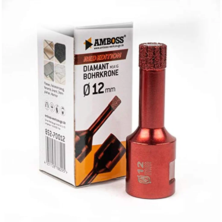 Amboss RED EDITION M14 Diamant Bohrkrone - für Winkelschleifer - Feinsteinzeug, harte Fliesen, Granit/Die ideale Trockenbohrkrone (Ø 12 mm) – Bild 1